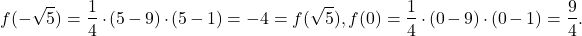 \[f(-\sqrt{5})=\frac{1}{4}\cdot (5-9)\cdot (5-1)=-4=f(\sqrt{5}), f(0)=\frac{1}{4}\cdot (0-9)\cdot (0-1)=\frac{9}{4}.\]