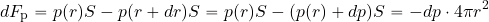 \begin{equation*} dF_{\rm p}= p( r) S- p( r+dr) S = p( r) S-(p( r)+dp) S = - dp \cdot 4\pi r^2 \end{equation*}