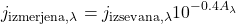 \begin{equation*} j_{\rm izmerjena,\lambda} = j_{\rm izsevana,\lambda}10^{-0.4A_{\lambda}} \end{equation*}