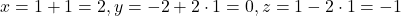 x=1+1=2, y=-2+2\cdot 1=0, z=1-2\cdot 1=-1