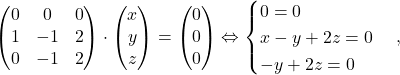 \[\begin{pmatrix}0& 0& 0\\1&-1&2\\0&-1&2\end{pmatrix}\cdot \begin{pmatrix}x\\y\\z\end{pmatrix}=\begin{pmatrix}0\\0\\0\end{pmatrix} \Leftrightarrow \begin{cases} 0=0\\ x-y+2z=0\\ -y+2z=0\end{cases}, \]