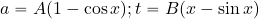 \begin{equation*} a=A(1-\cos x); t=B(x-\sin x) \end{equation*}