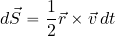 \begin{equation*} d\vec{S}= {1\over 2} \vec{r}\times \vec{v} \, dt \end{equation*}