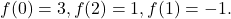 f(0) = 3, f(2) = 1, f(1) = -1.