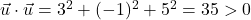 \vec{u}\cdot \vec{u}=3^2+(-1)^2+5^2=35>0