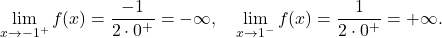 \[\lim_{x\to-1^+}f(x)=\frac{-1}{2 \cdot 0^+}=-\infty,\quad \lim_{x \to1^-} f(x) = \frac{1}{2 \cdot 0^+} = + \infty.\]