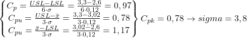  \begin{equation*} \begin{Bmatrix} C_{p}=\frac{USL-LSL}{6\cdot \sigma }=\frac{3,3-2,6}{6\cdot 0,12}=0,97\\ C_{pu}=\frac{USL-\bar{x}}{3\cdot \sigma }=\frac{3,3-3,02}{3\cdot 0,12}=0,78\\ C_{pu}=\frac{\bar{x}-LSL}{3\cdot \sigma }=\frac{3,02-2,6}{3\cdot 0,12}=1,17 \end{Bmatrix} C_{pk}=0,78\rightarrow sigma = 3,8 \end{equation*}