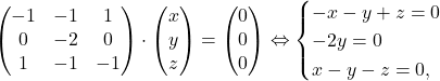 \[\begin{pmatrix}-1& -1& 1\\0&-2&0\\1&-1&-1\end{pmatrix}\cdot \begin{pmatrix}x\\y\\z\end{pmatrix}=\begin{pmatrix}0\\0\\0\end{pmatrix} \Leftrightarrow \begin{cases} -x-y+z=0\\ -2y=0\\ x-y-z=0, \end{cases} \]