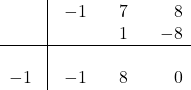 \[\begin{array}{rrrrrrr} &\vline&-1&&7&&8\\ &\vline&&&1&&-8\\ \hline&\vline&&&&&\\ -1&\vline&-1&&8&&0 \end{array}\]