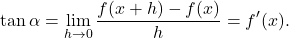 \[\tan \alpha = \lim_{h \to 0} \frac{f(x+h)-f(x)}{h} = f'(x).\]