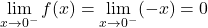 \[\lim_{x \to 0^-} f(x)= \lim_{x \to 0^-} (-x) = 0\]