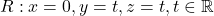 R: x=0, y=t, z=t, t\in\mathbb{R}