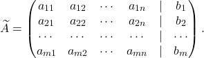 \[\widetilde A=\begin{pmatrix} a_{11} & a_{12} &\cdots& a_{1n} & \lvert & b_1\\ a_{21} & a_{22} &\cdots& a_{2n} & \lvert & b_2\\ \cdots&\cdots&\cdots & \cdots& \lvert& \cdots\\ a_{m1} & a_{m2} &\cdots& a_{mn} & \lvert & b_m \end{pmatrix}.\]