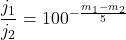 \begin{equation*} {{j_1}\over {j_2}}= 100 ^{-{{m_1-m_2}\over 5}} \end{equation*}