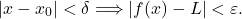 \[\lvert x - x_0 \rvert < \delta \Longrightarrow \lvert f(x)-L\rvert<\varepsilon.\]