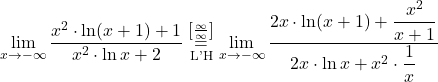 \displaystyle\lim_{x \to -\infty} \dfrac{x^2\cdot \ln (x+1)+1}{x^2\cdot \ln x+2} \stackrel{\left[\frac{\infty}{\infty}\right]}{\underset{\text{L'H}}{=}} \lim_{x \to -\infty} \dfrac{2x\cdot \ln (x+1)+\dfrac{x^2}{x+1}}{2x\cdot \ln x+x^2\cdot \dfrac{1}{x}}