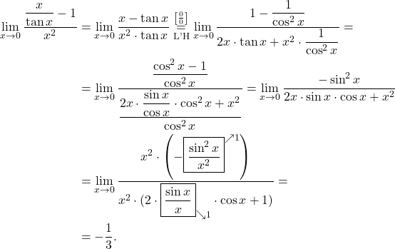 \begin{align*} \lim_{x \to 0} \frac{\dfrac{x}{\tan x} - 1}{x^2} &=\lim_{x \to 0} \dfrac{x - \tan x}{x^2 \cdot \tan x} \stackrel{\left[\frac{0}{0}\right]}{\underset{\text{L'H}}{=}}  \lim_{x \to 0} \dfrac{1 - \dfrac{1}{\cos^2 x}}{2x \cdot \tan x + x^2 \cdot \dfrac{1}{\cos^2 x}}=\\ &=\lim_{x \to 0} \dfrac{ \dfrac{\cos^2 x - 1}{\cos^2 x}}{\dfrac{2x \cdot \dfrac{\sin x}{\cos x} \cdot \cos^2 x + x^2}{\cos^2 x}}=\lim_{x \to 0} \dfrac{-\sin^2 x}{2x \cdot \sin x \cdot \cos x + x^2}\\ &=\lim_{x \to 0} \dfrac{x^2 \cdot \left(-\boxed{\dfrac{\sin^2 x}{x^2}}^{\nearrow 1}\right)}{x^2\cdot (2 \cdot \boxed{\dfrac{\sin x}{x}}_{\searrow 1} \cdot \cos x + 1)} = \\ &=- \dfrac{1}{3}. \end{align*}