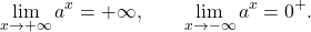 \[\lim_{x \to +\infty} a^x=+\infty,\qquad\lim_{x \to -\infty}a^x=0^+.\]