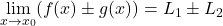 \displaystyle\lim_{x \to x_0} (f(x)\pm g(x)) = L_1 \pm L_2