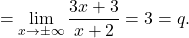 \[=\lim_{x\to \pm\infty} \dfrac{3x+3}{x+2}=3=q.\]