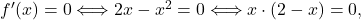 f'(x) = 0 \Longleftrightarrow 2x-x^2 =0 \Longleftrightarrow x\cdot (2-x)=0,