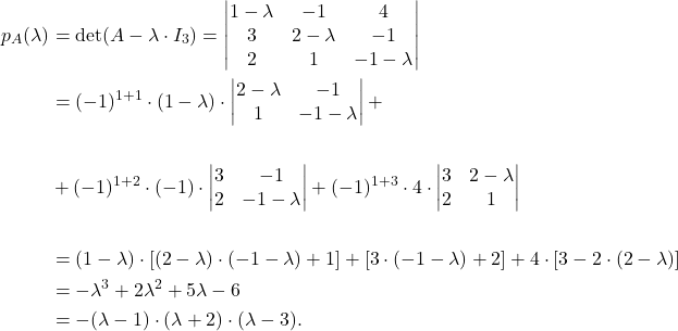 \begin{align*} p_A(\lambda)&=\det(A - \lambda \cdot I_3)=\begin{vmatrix} 1 - \lambda & -1 & 4 \\ 3 & 2 - \lambda & -1 \\ 2 & 1 & -1-\lambda \end{vmatrix}\\&=(-1)^{1+1}\cdot (1-\lambda) \cdot \begin{vmatrix} 2 - \lambda & -1 \\ 1 & -1-\lambda \end{vmatrix} +\\ &\\ &+ (-1)^{1+2}\cdot (-1) \cdot \begin{vmatrix} 3 & -1 \\ 2 & -1-\lambda \end{vmatrix} + (-1)^{1+3}\cdot 4 \cdot \begin{vmatrix} 3 & 2 - \lambda \\ 2 & 1 \end{vmatrix}\\ &\\ &= (1-\lambda)\cdot [(2-\lambda)\cdot (-1-\lambda)+1]+[3\cdot (-1-\lambda)+2]+4\cdot [3-2\cdot (2-\lambda)]\\ &=-\lambda^3+2\lambda^2+5\lambda-6\\ &= -( \lambda-1)\cdot (\lambda+2)\cdot (\lambda-3). \end{align*}