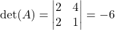 \det(A)= \begin{vmatrix} 2 & 4\\ 2& 1 \end{vmatrix}=-6