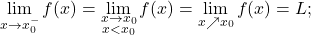 \[\lim_{x \to x_0^-} f(x)=\lim_{\substack{x \to x_0\\x < x_0}} f(x)= \lim_{x\nearrow x_0} f(x)= L;\]