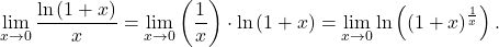 \[\lim_{x \to 0} \frac{\ln {(1+x)}}{x}=\lim_{x \to 0} \left(\frac{1}{x}\right) \cdot \ln{(1+x)}= \lim_{x \to 0}\ln\left( \left(1+x\right)^{\frac{1}{x}}\right).\]