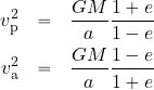 \begin{eqnarray*} v_{\rm p}^2 &=& {{GM}\over a} {{1+e}\over {1-e}} \\ v_{\rm a}^2 &=& {{GM}\over a} {{1-e}\over {1+e}} \end{eqnarray*}