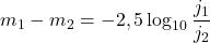 \begin{equation*} m_1-m_2 = -2,5 \log_{10 }{{j_1}\over {j_2}} \end{equation*}